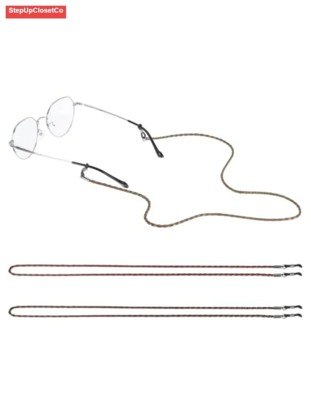 Braided PU Leather Eyeglass Chain Strap with Silicone Loops for Sunglasses